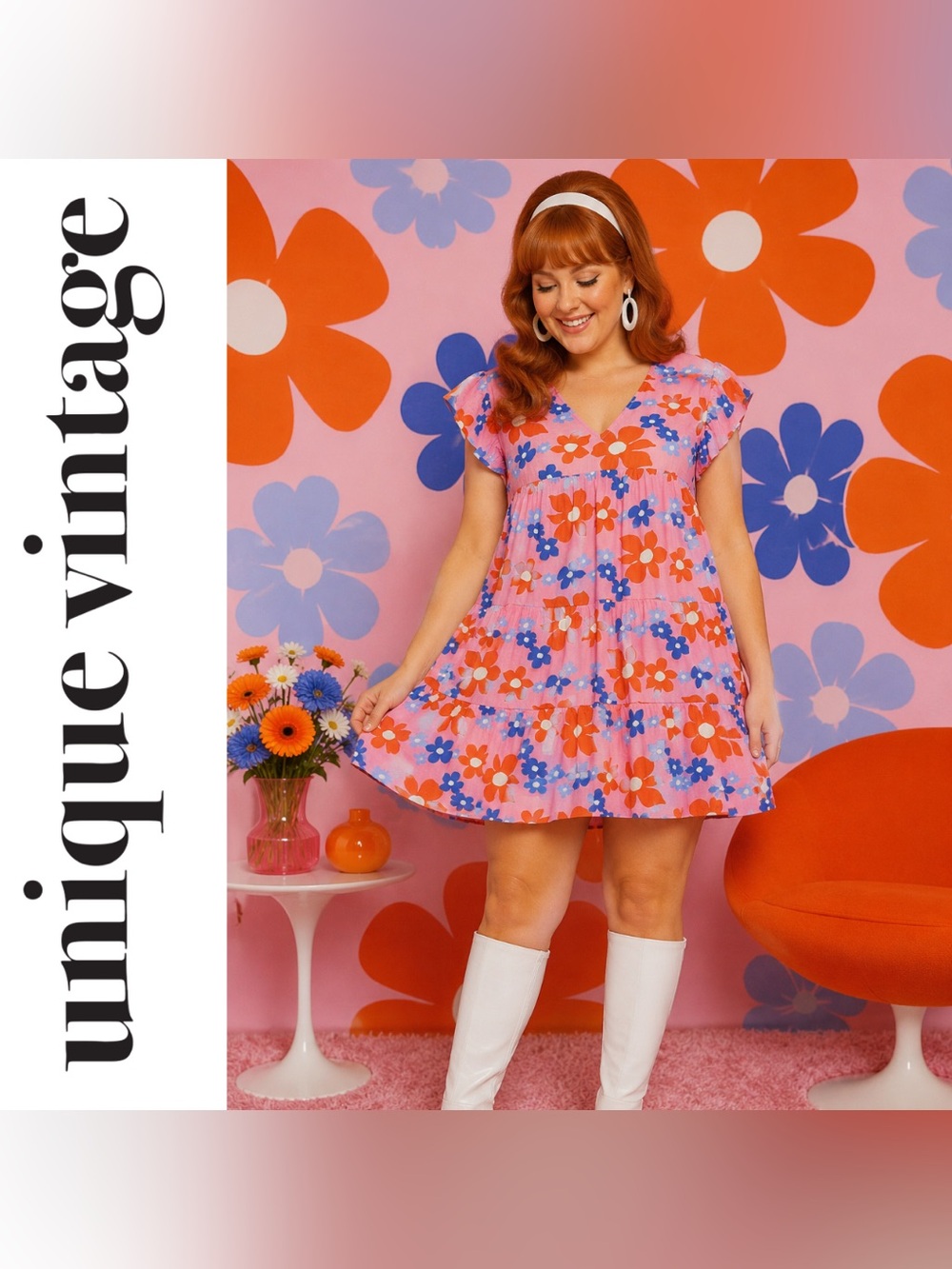 Unique Vintage 60s Retro Pink Floral Tiered Mind Babydoll Dress, Large, NWOT!